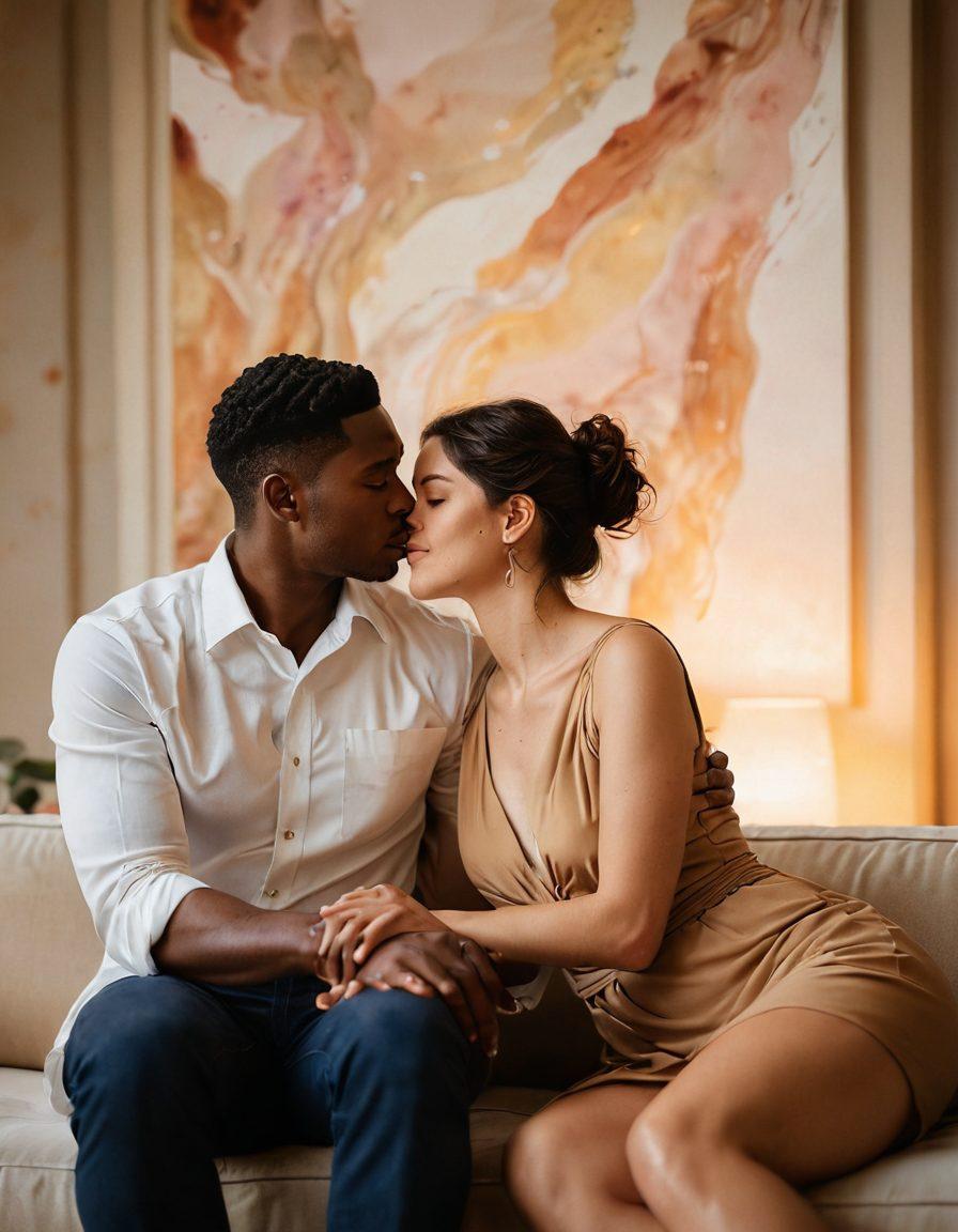 A serene and intimate setting showcasing diverse couples enjoying their time together, embracing body positivity and freedom. Soft, warm lighting to create an inviting atmosphere, featuring elements of art, like abstract sculptures or paintings in the background. Include subtle gestures of affection, reflecting emotional connections. Photography style focusing on candid moments. super-realistic. warm tones. soft focus.