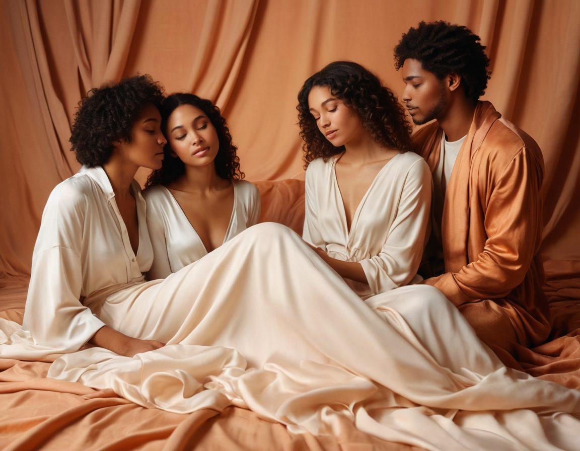 A serene and intimate scene depicting a diverse group of individuals comfortably exploring their identities, surrounded by soft, warm lighting. Include subtle hints of eroticism through artful draping fabrics and suggestive shapes, while maintaining an atmosphere of self-acceptance and empowerment. The background should feature elements that represent personal growth, such as blooming flowers or open books. Illustrate a sense of connection and acceptance among the characters. super-realistic. warm tones. soft focus.